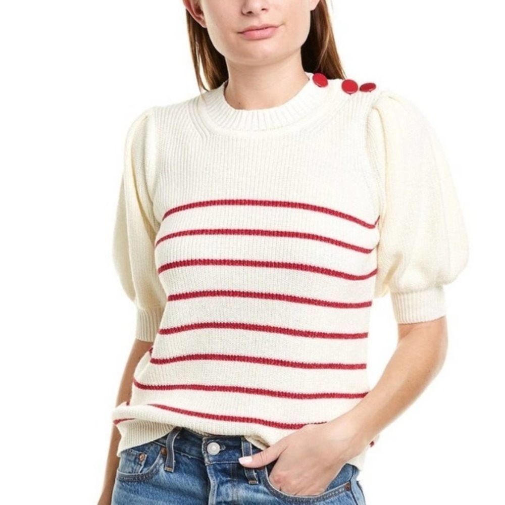Ba&sh Size 0 XS Nellie Pullover Sweater Red Stripe Puff Sleeve Buttons Ecru